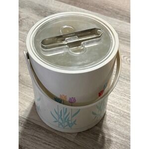 Vintage Phoenix Floral Ice Bucket with Lid Tongs Pastel Tulips Made in Taiwan